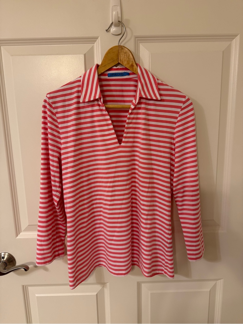J. McLaughlin Women’s Medium Pink White Stripe Shirt 3/4 Sleeve Top Stretch EUC